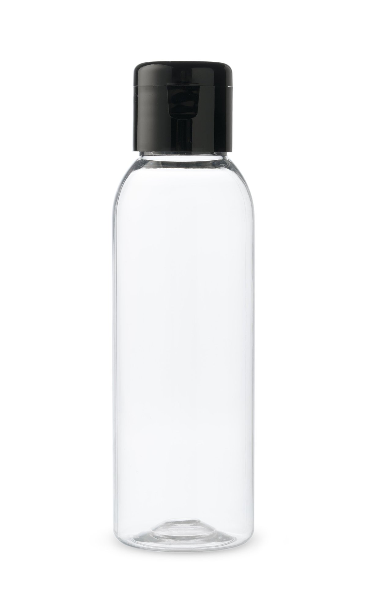 A clear, empty plastic bottle with a black flip top cap is shown against a white background.